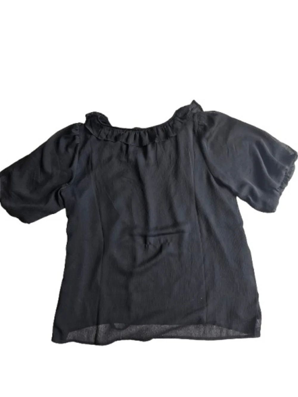 LOFT Ruffle-Neck Lace Up Puffed Short Sleeve Blouse, Small, Black